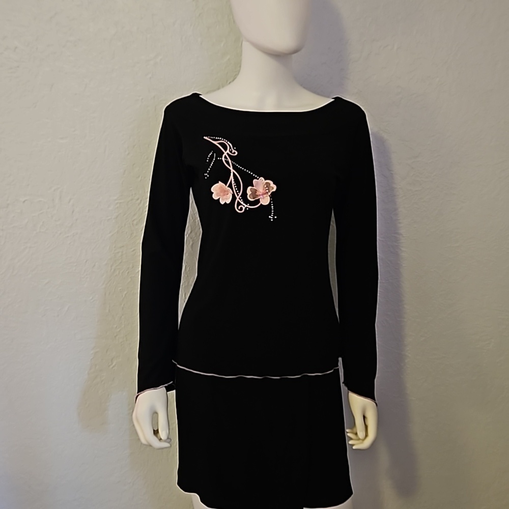 DRESSBARN Coquette Black Pink Floral Long Sleeve Boat Neck Blouse - Picture 3 of 7